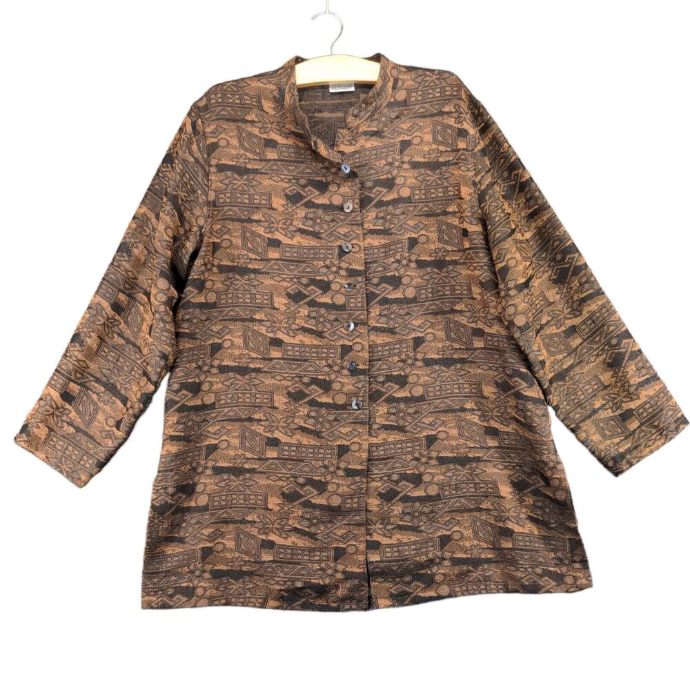Chico's Design Womens Top Button Up Shirt Actual 24W 32L Embroidered Brown Black